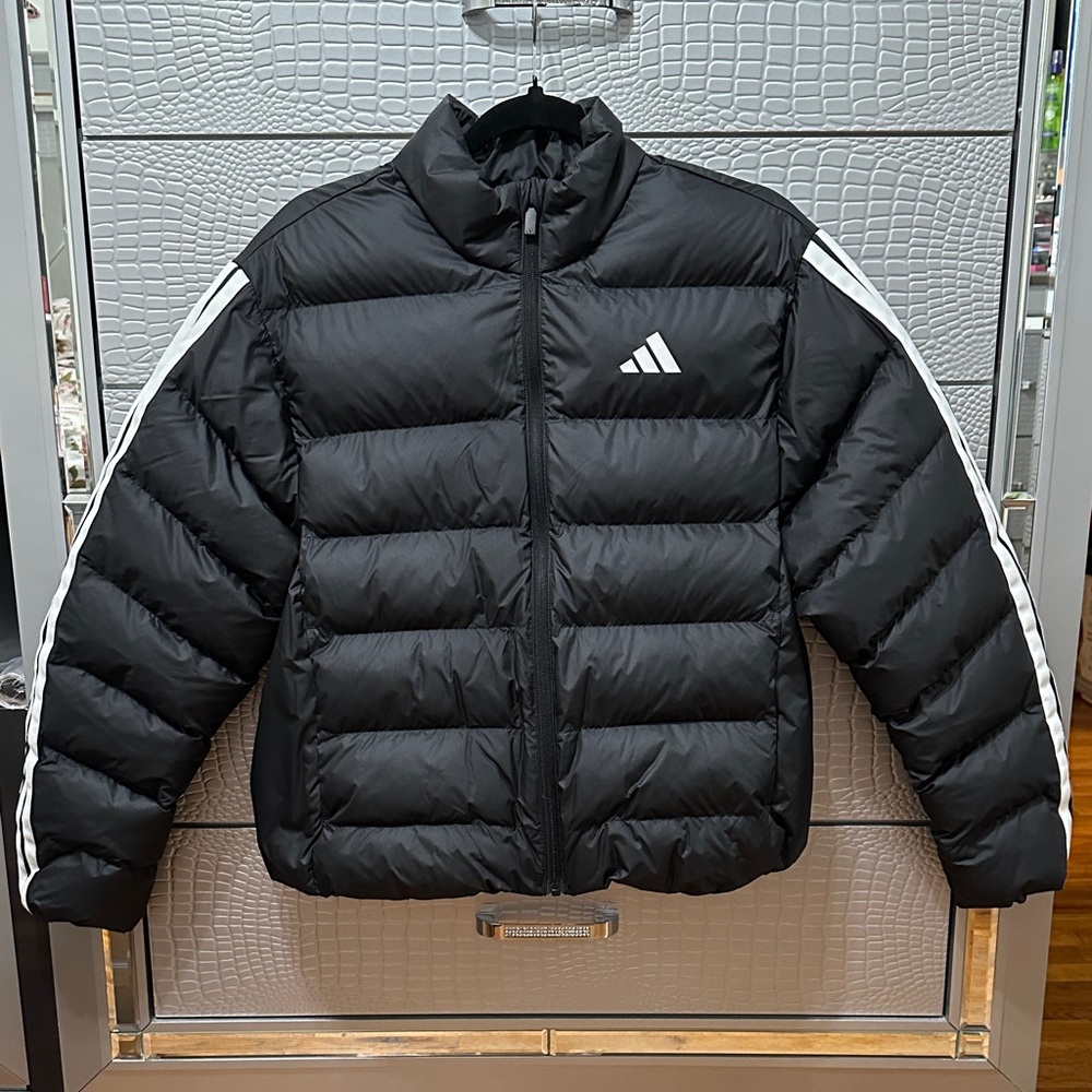 Adidas Black Puffer Jacket with White Stripes